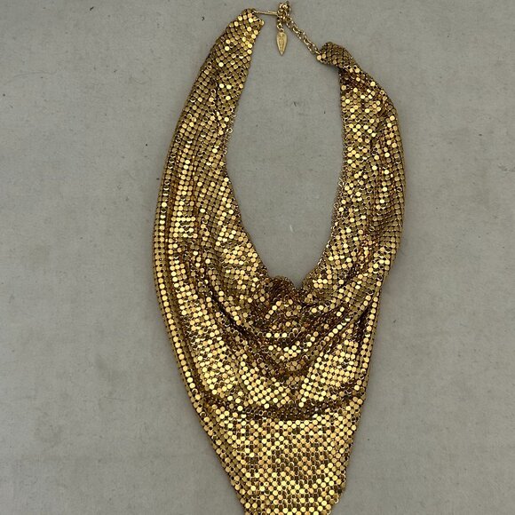 Whiting & Davis Jewelry - Vintage Signed Whiting & Davis Gold Tone Mesh Bib Necklace